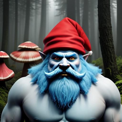 Menacing Blue-Skinned Gnome in Mystical Forest