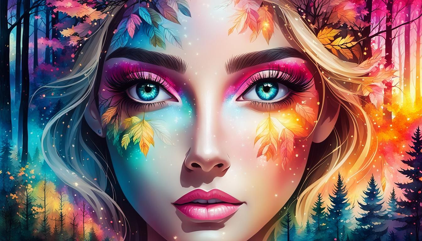 Double Exposure Girl with Forest Landscape in Alcohol Ink St...