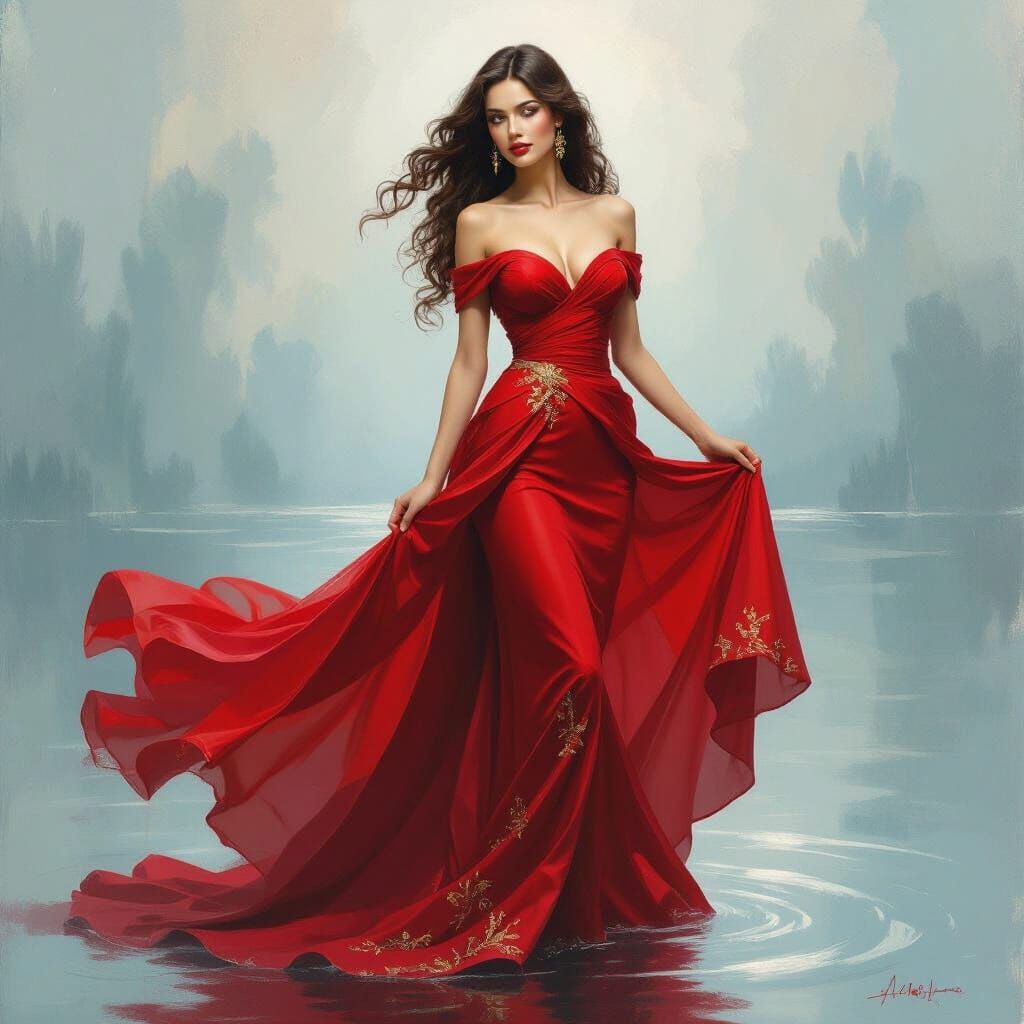 Elegant Woman in Red Gown Oil Painting