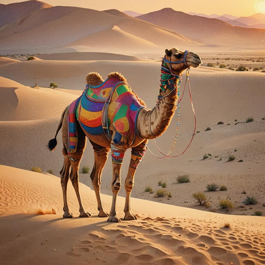 Pointillist Camel in Desert Sunset, Seurat Style