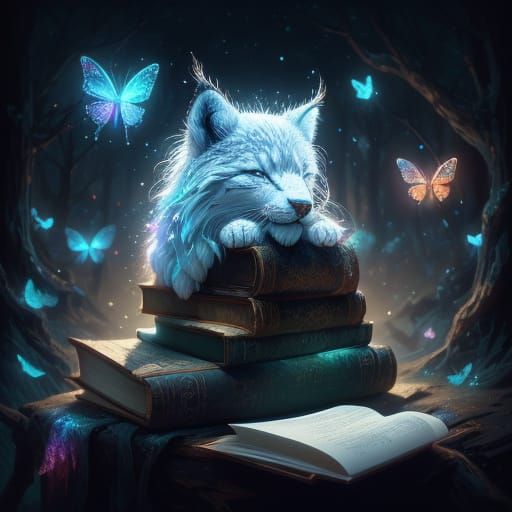 Whimsical Smoke Wolf Cub Sleeps on Book in Winter Forest