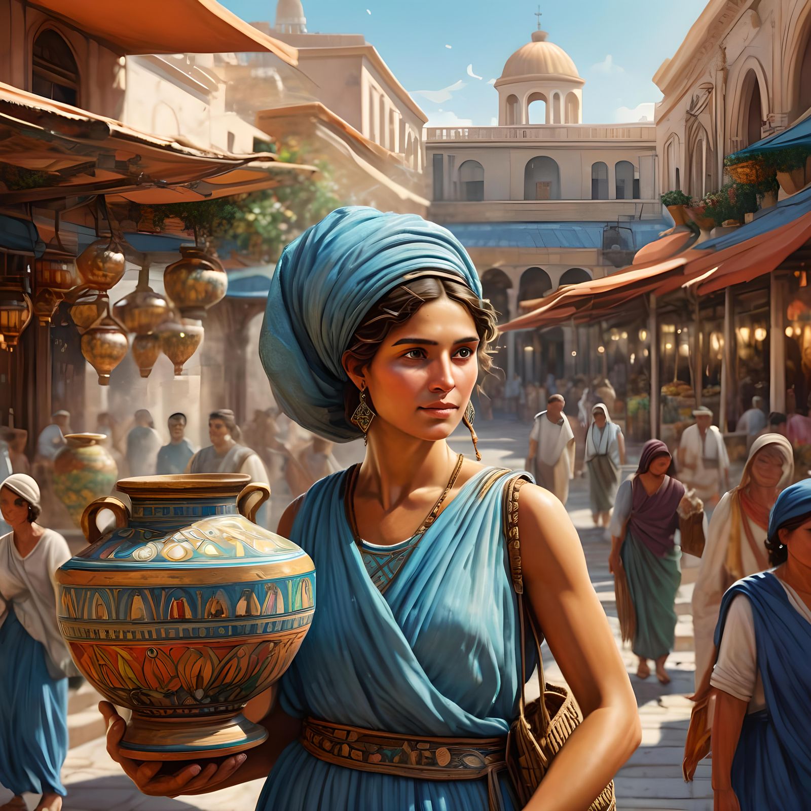 Grecian Woman in Colorful Marketplace