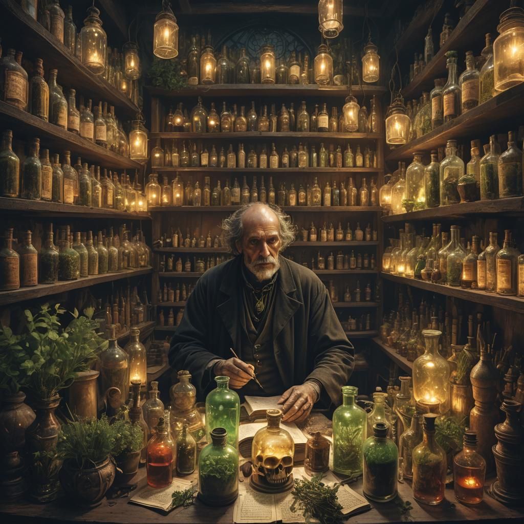 Mystical Alchemist in Dark Fantasy Apothecary