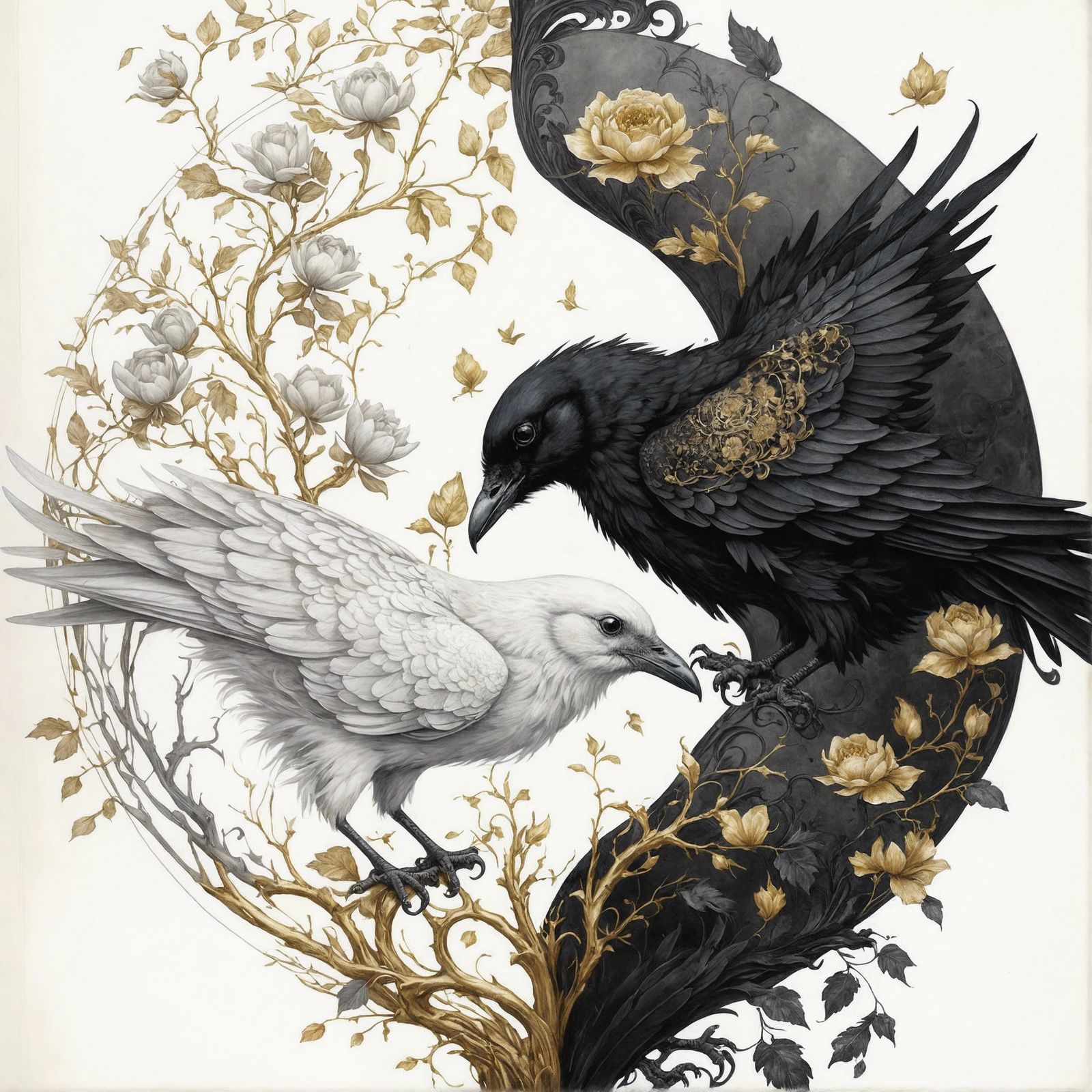 Yin and Yang Ravens in Detailed Pencil Sketch