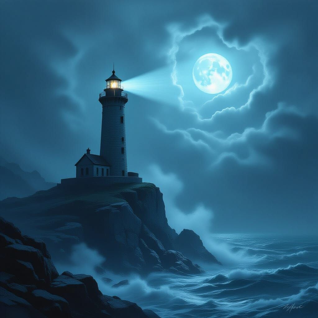 Ancient Lighthouse Beam Pierces Ethereal Mist