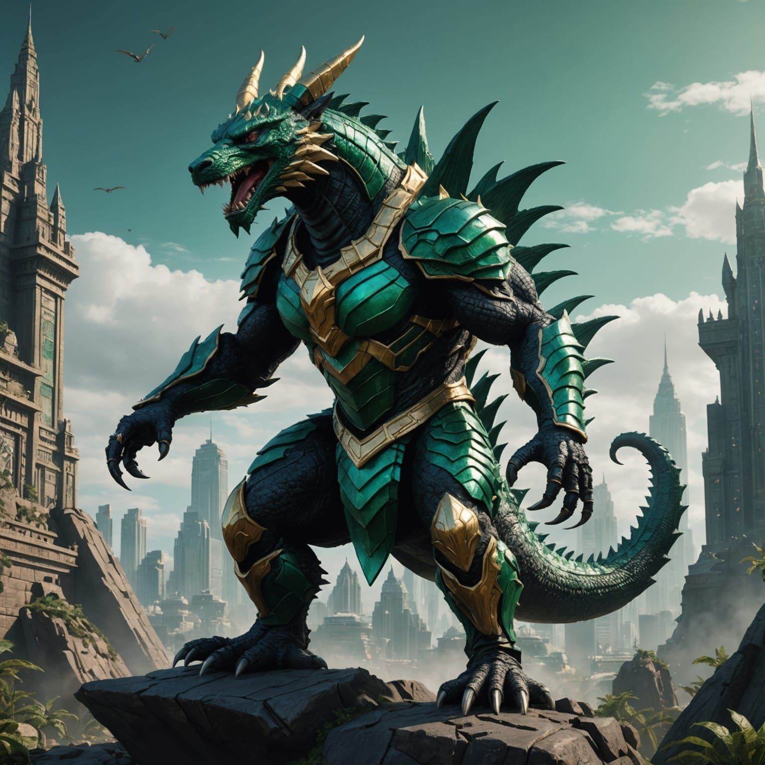 Emerald Anubis Godzilla Dragon: Detailed Matte Painting