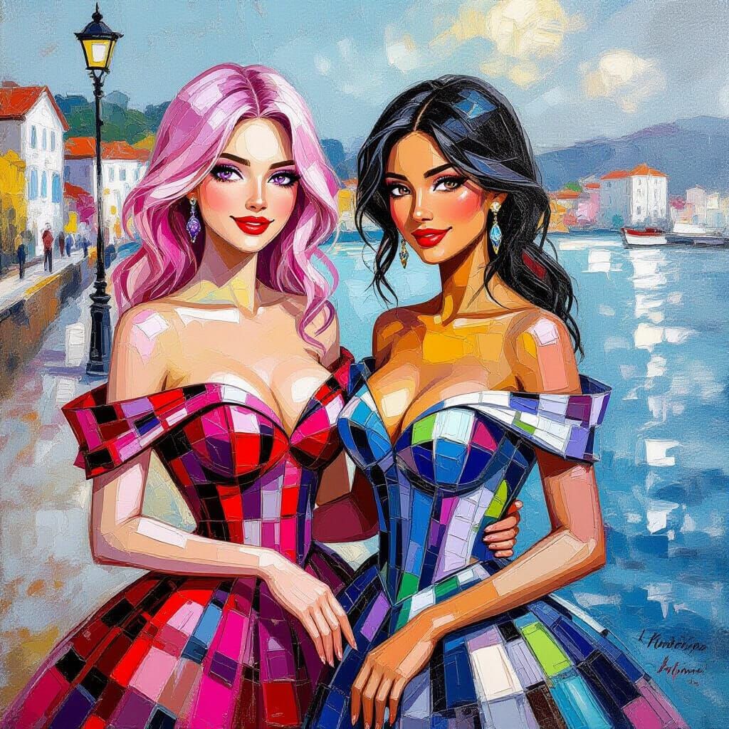 Plaid Gowns at the Docks: Impressionist Painting