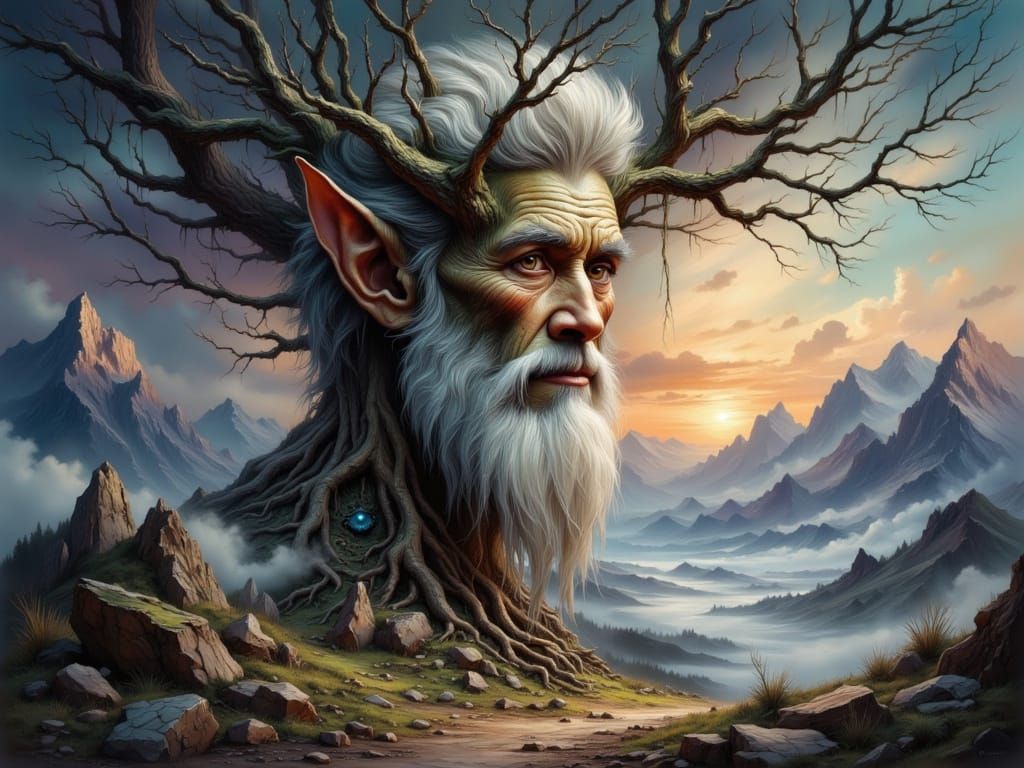 Mystical Tree Creature in Dramatic Mountain Landscape
