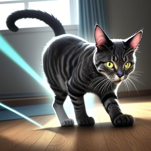Energetic Cat Chasing Laser Pointer in Vibrant Digital Art