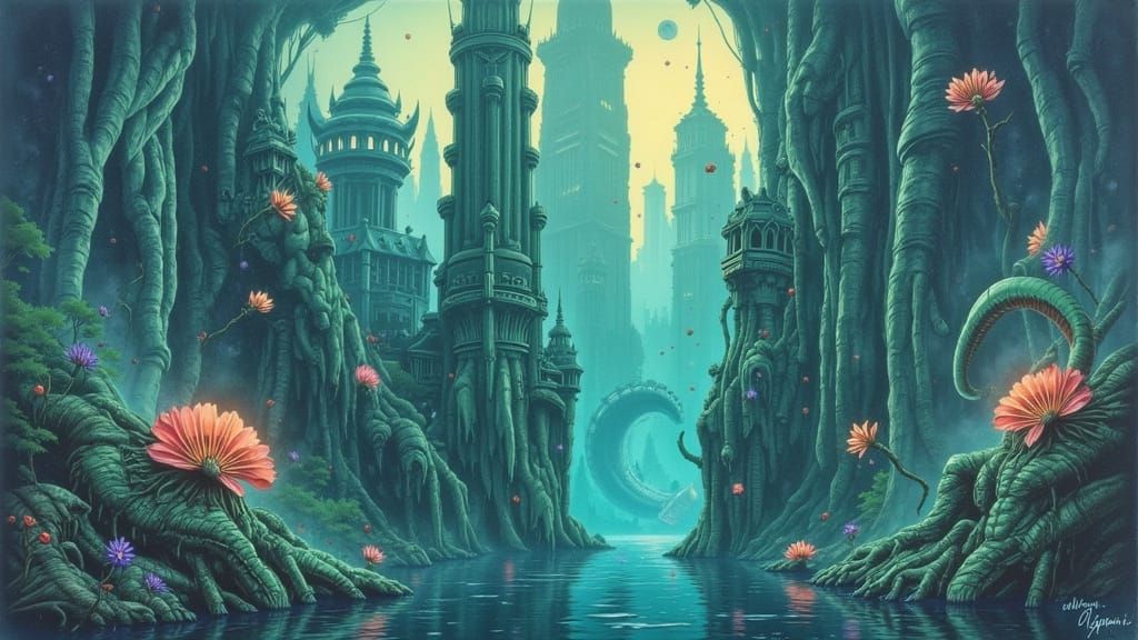 Ethereal Leviathans in Underwater Metropolis Painting