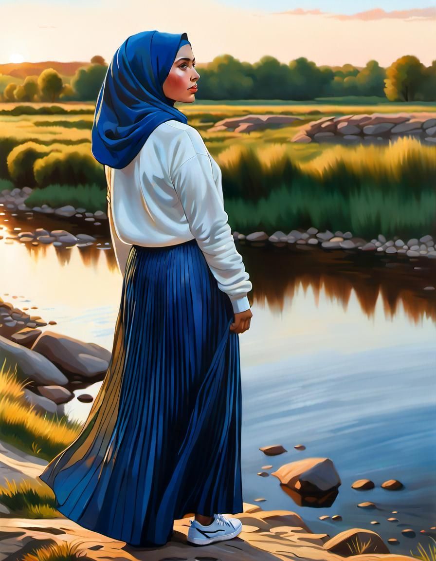Plus-Size Woman in Hijab at Sunset: Oil-Gouache Portrait