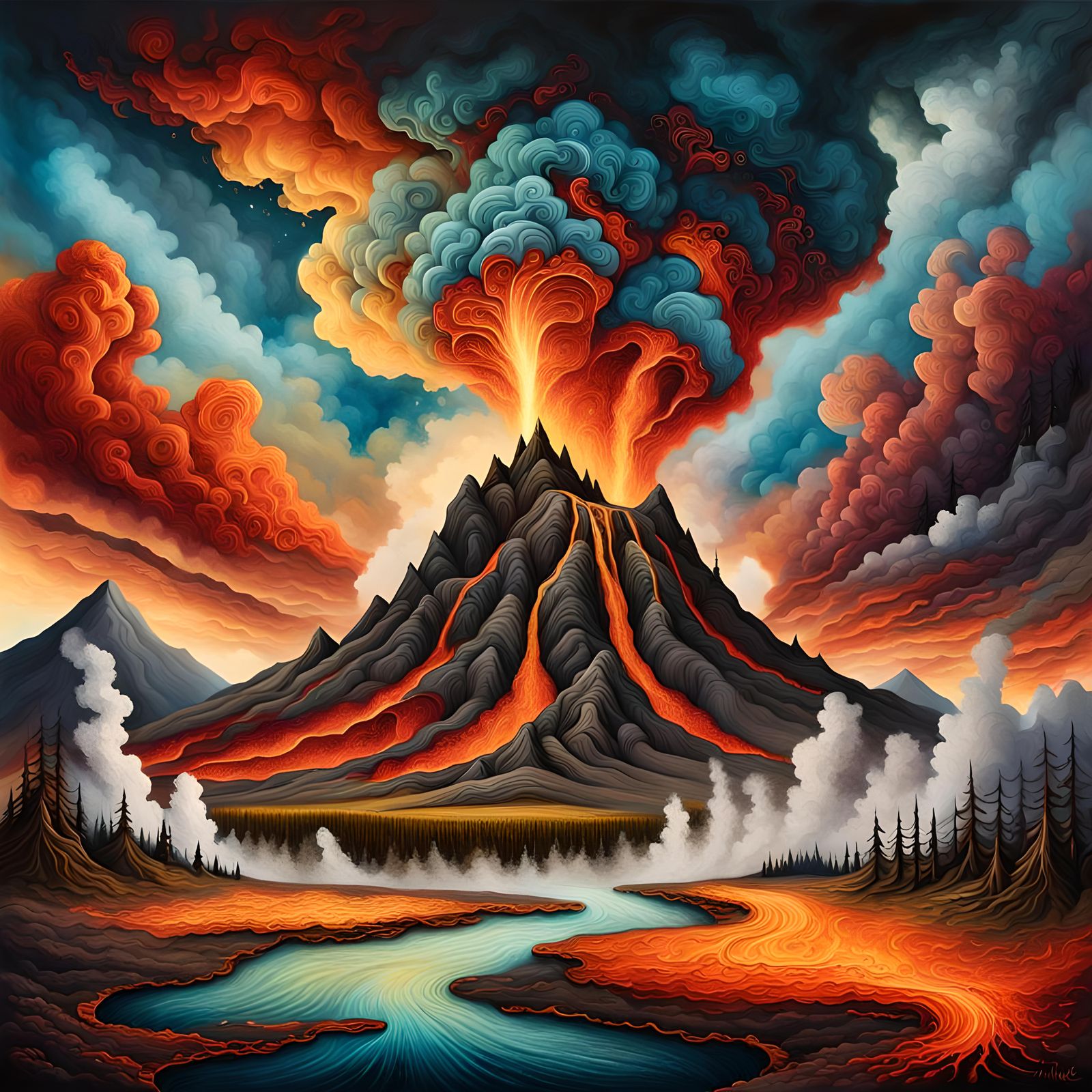 Volcanic Eruption in Mixed Media Style