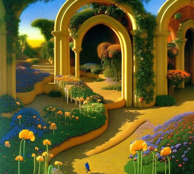 Sunrise Garden with Wildflowers and Gothic Archways