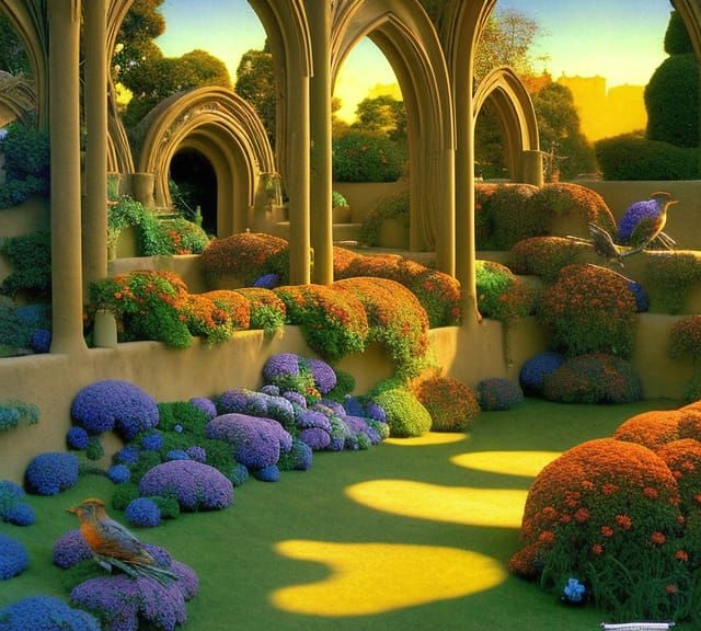 Sunrise Garden with Gothic Archways in Art Nouveau Style
