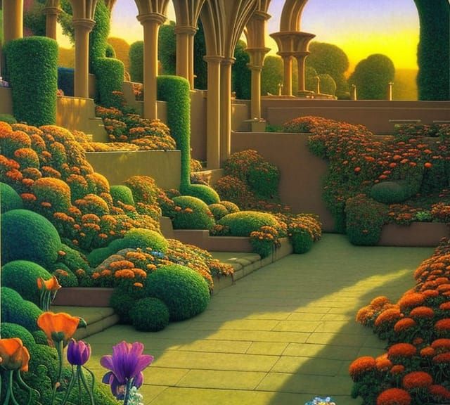 Sunrise Garden with Gothic Archways in Art Nouveau Style
