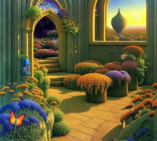 Enchanted Sunrise Garden with Gothic Archways