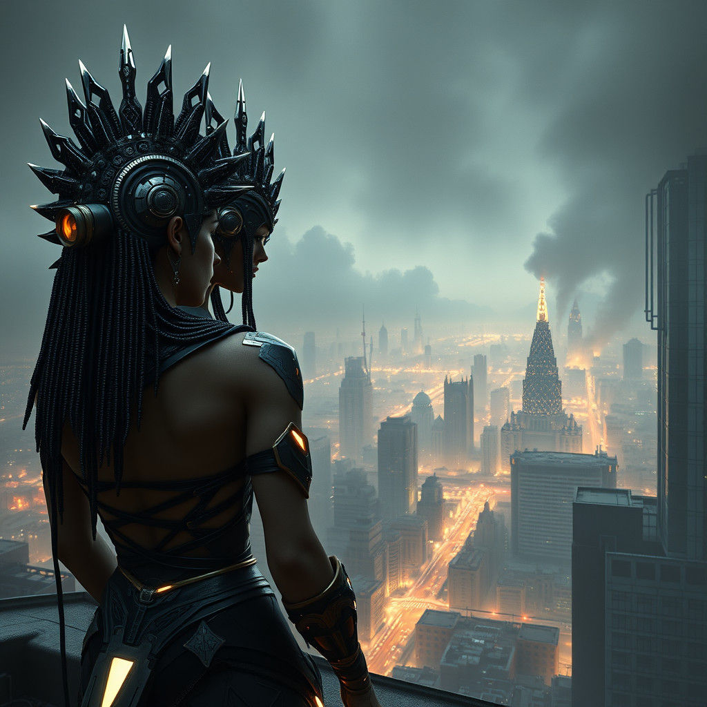Twins Overlook Decaying Cityscape in Cyberpunk Style