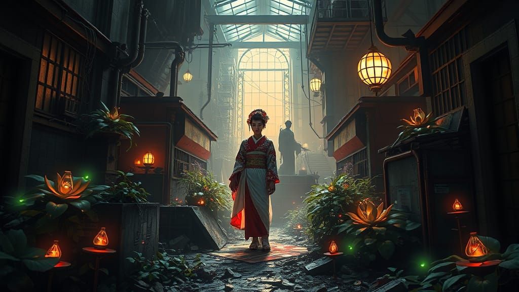 Cyberpunk Geisha Amidst Overgrown Industrial Ruins