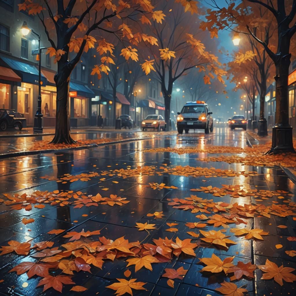 Rainy Autumn Night in Cozy City
