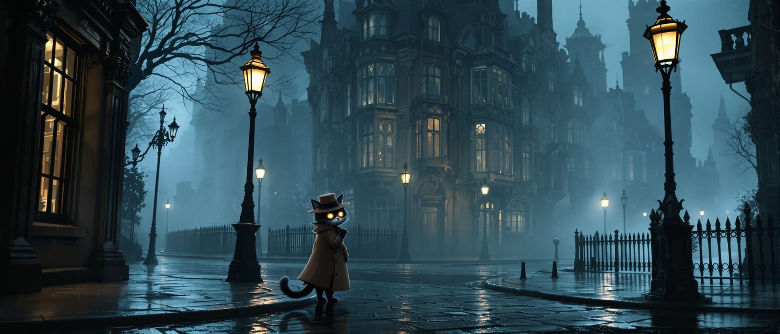 Cat Detective in Foggy Victorian City Noir