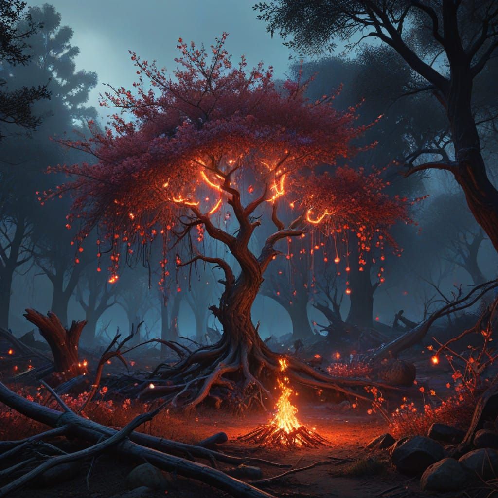 Burning Blue Bush Amidst LA Fires, Weeping Tears of Flame