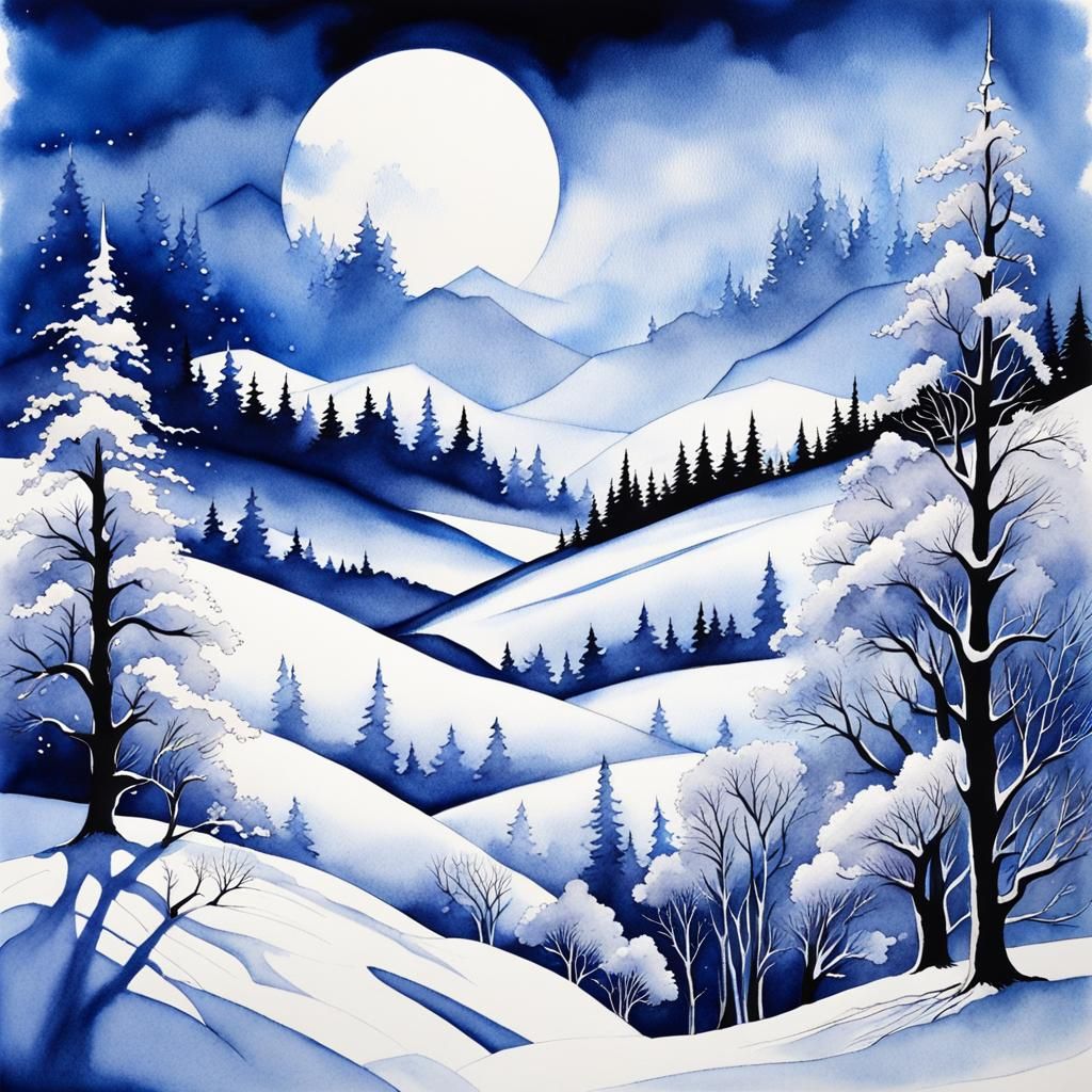 Ethereal Winter Landscape in Blue Watercolor