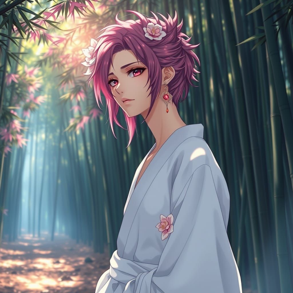 Androgynous Figure with Magenta Hair in Anime Style