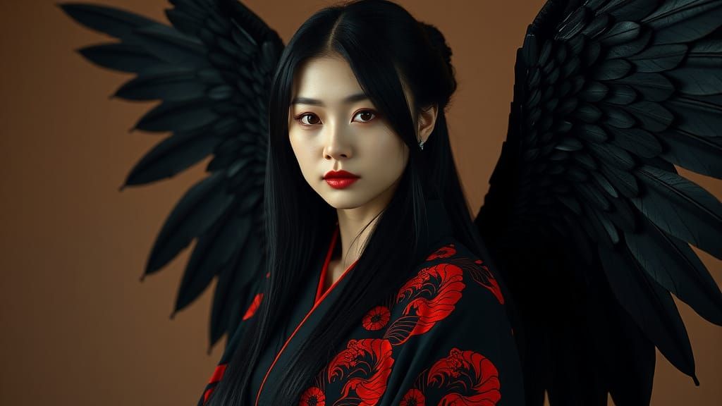 Japanese Woman with Wings in Hyperrealistic Style