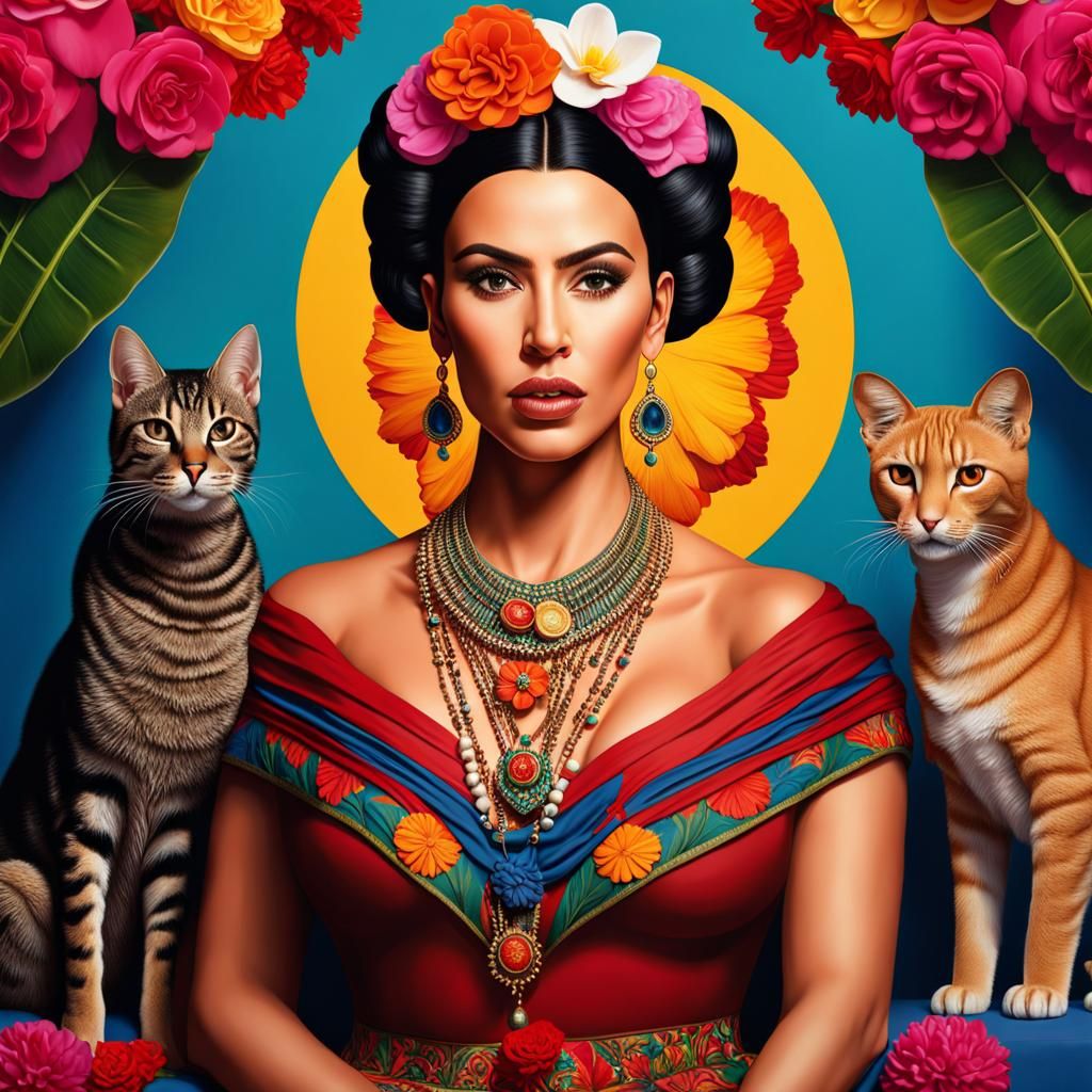 A hyperrealistic painting of Kim Kardashian in the style of Frida Kahlo