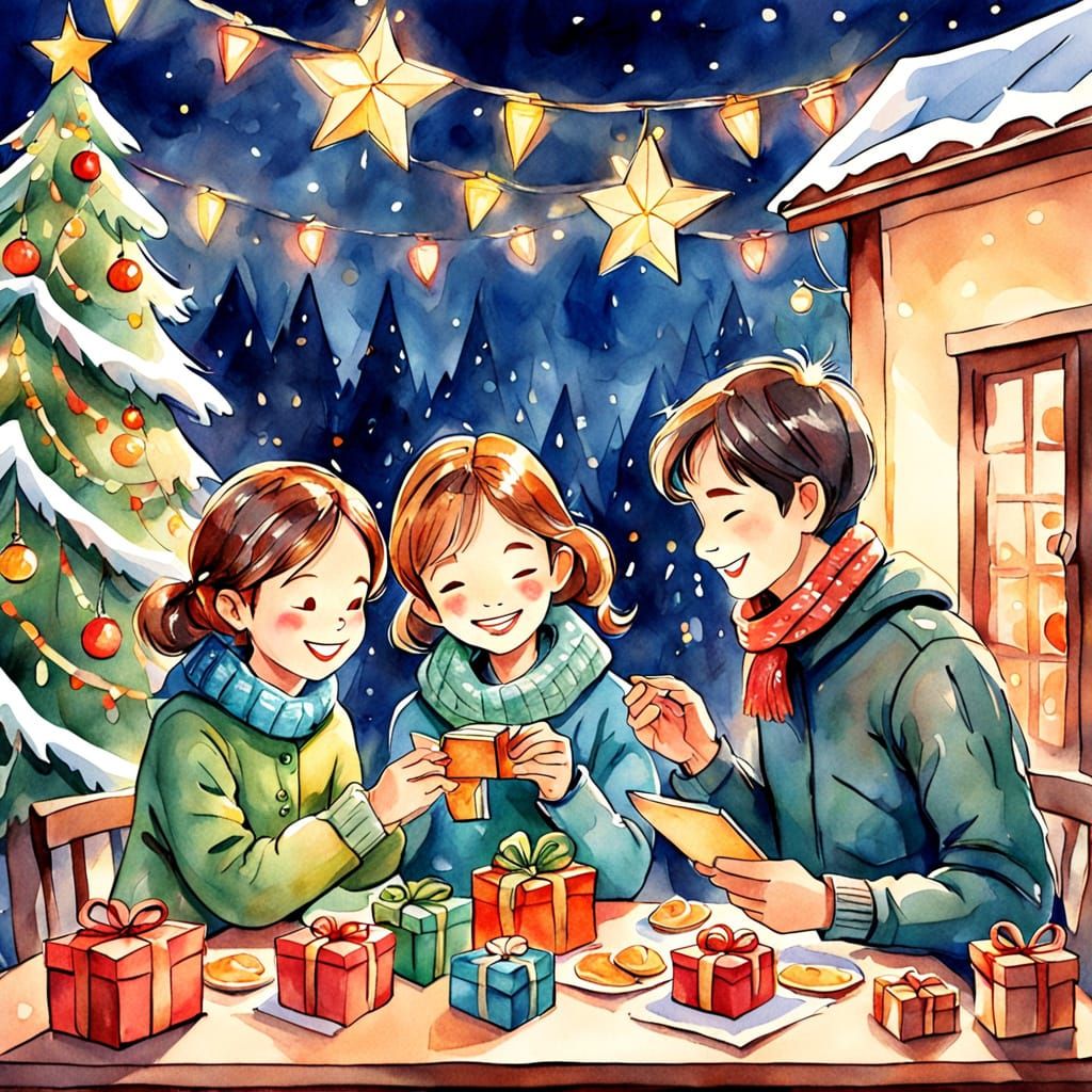 Happy Family Christmas Celebration in Watercolor Sketch Styl...