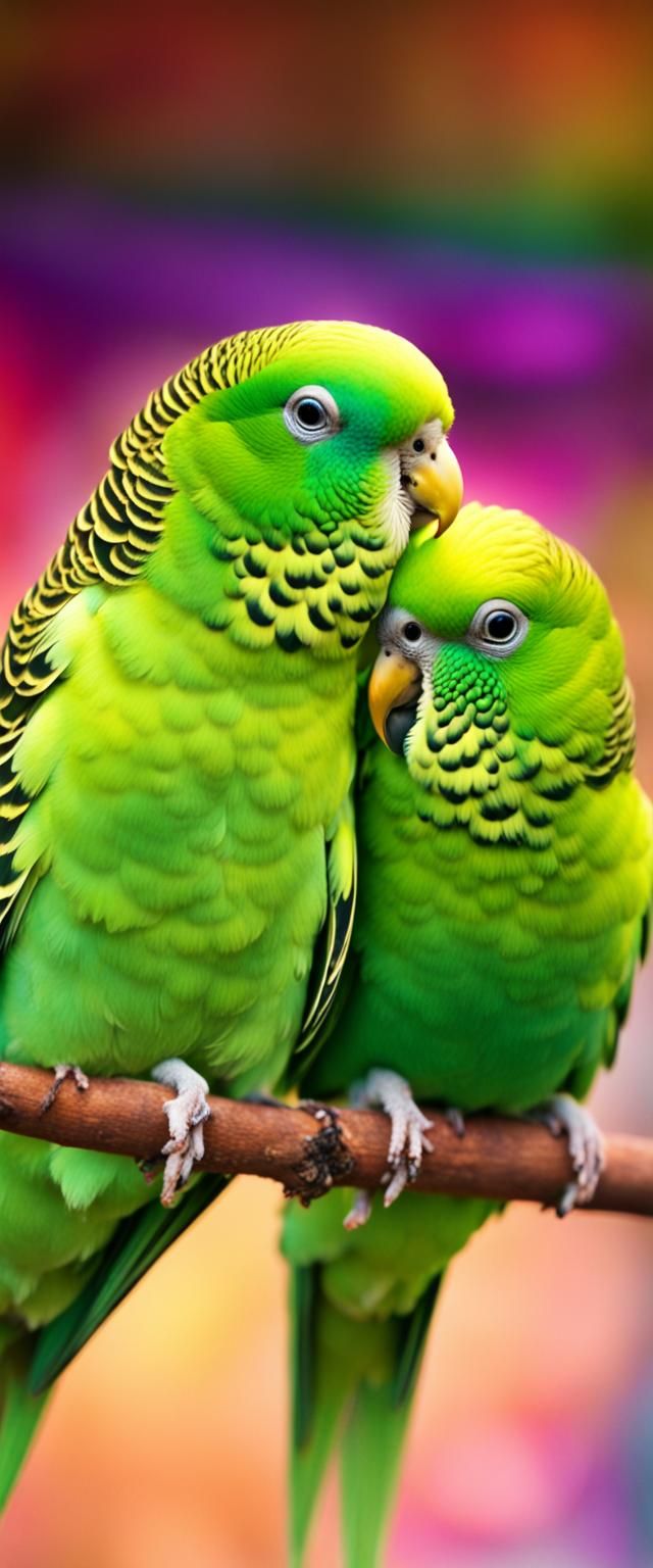 Green Budgies Cuddling on a Branch