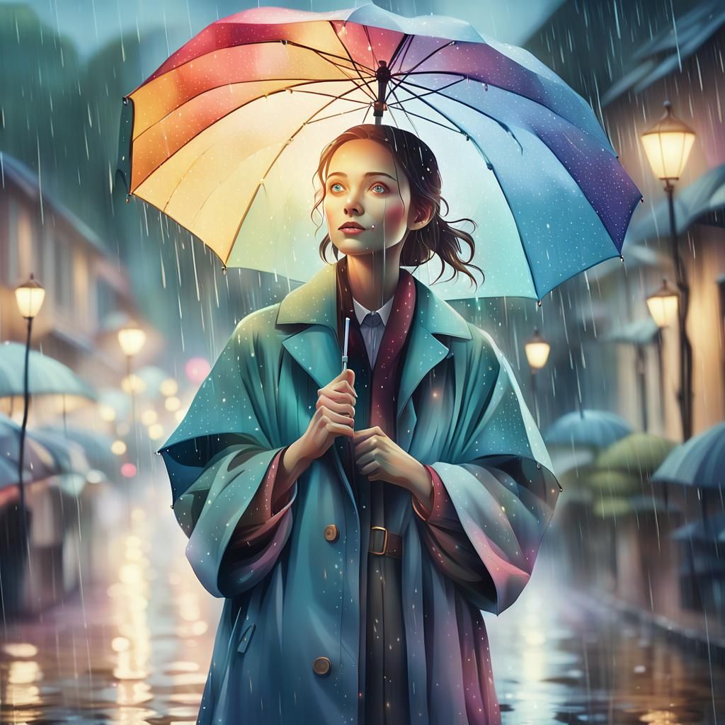 Whimsical Woman Under a Rainbow Umbrella in the Rain
