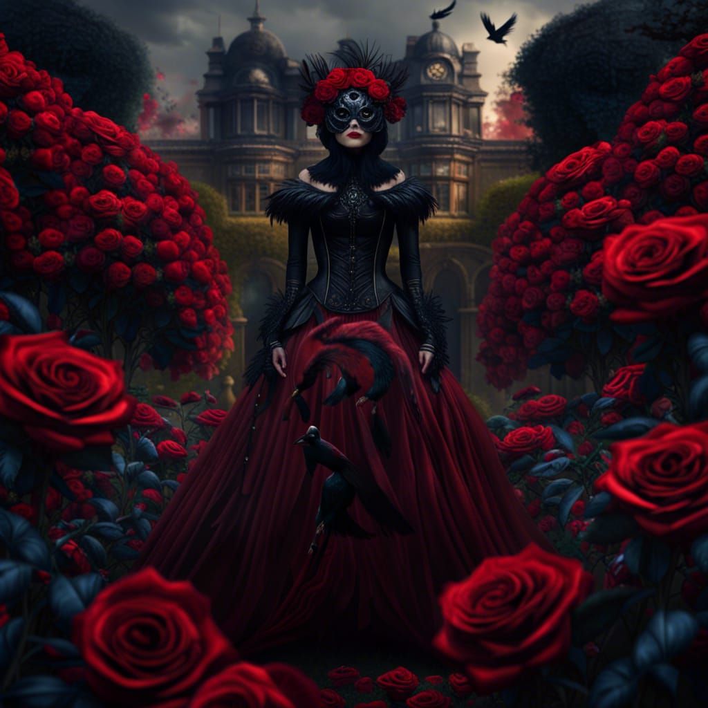 Woman in Raven Mask in Rose Garden