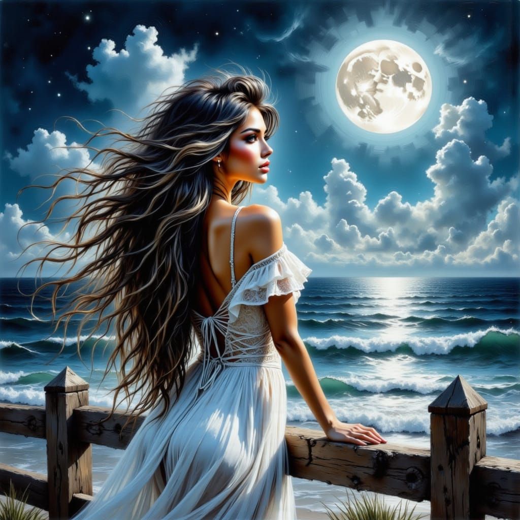 Woman Gazing at Moon in Anne Stokes Style