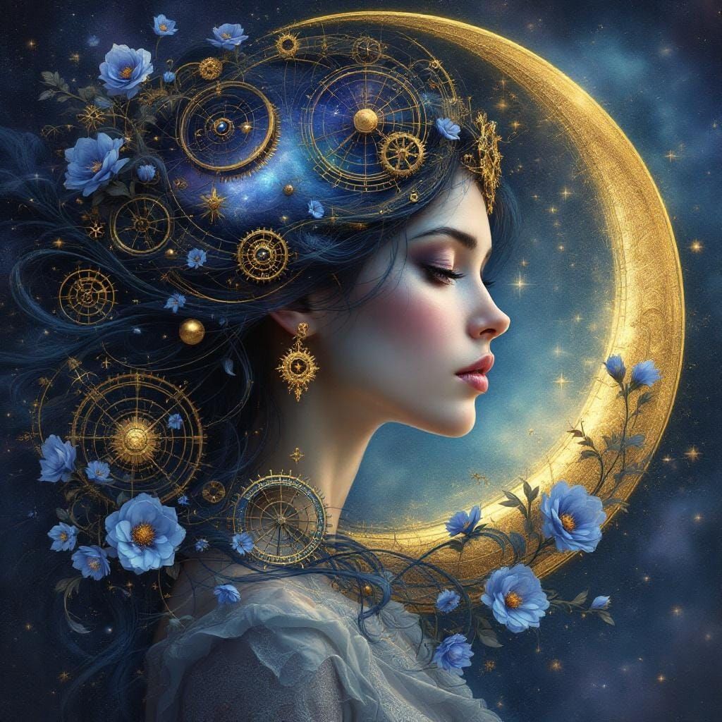 Ethereal Woman with Cosmic Hair and Steampunk Elements