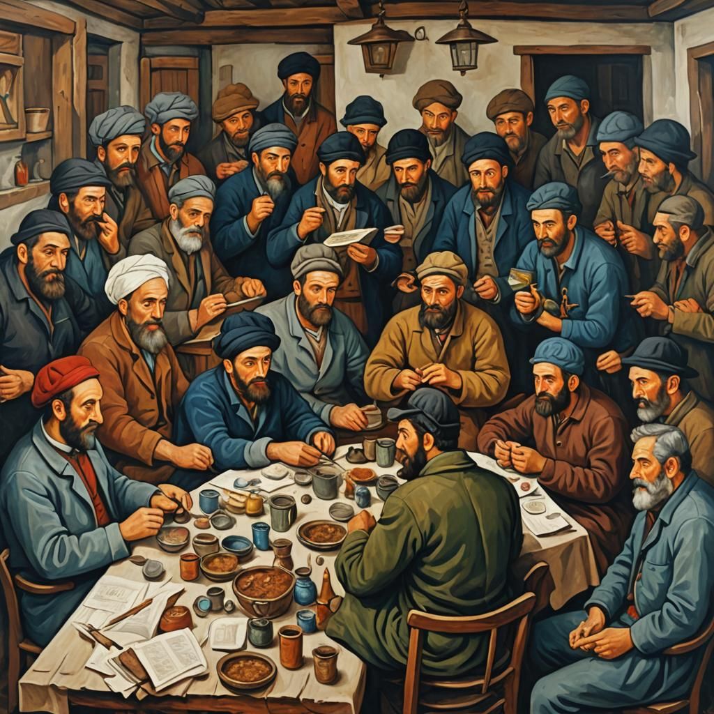 Georgian Naive Painting of Men at Table