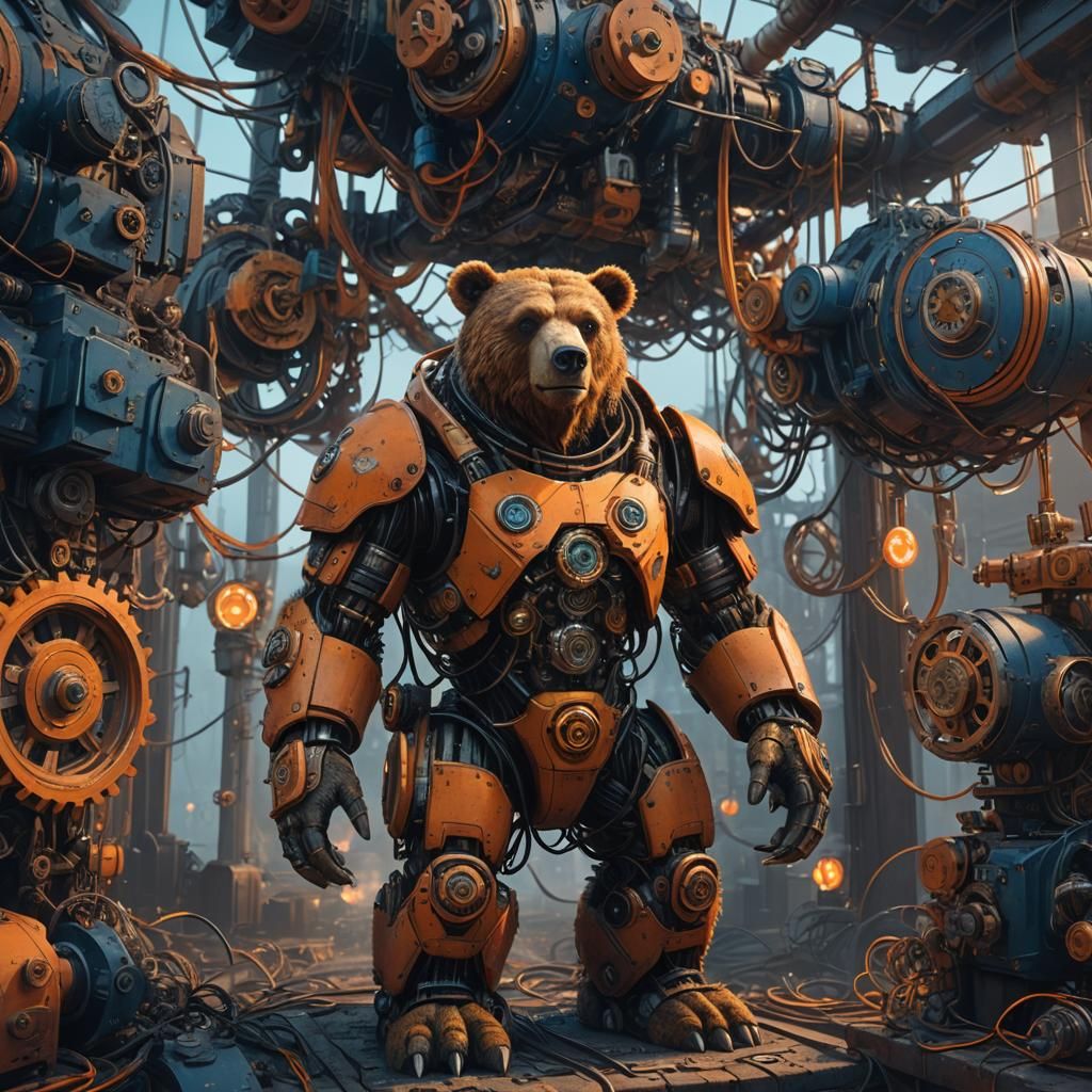 Cyborg Bear in a Sci-Fi Industrial Machine