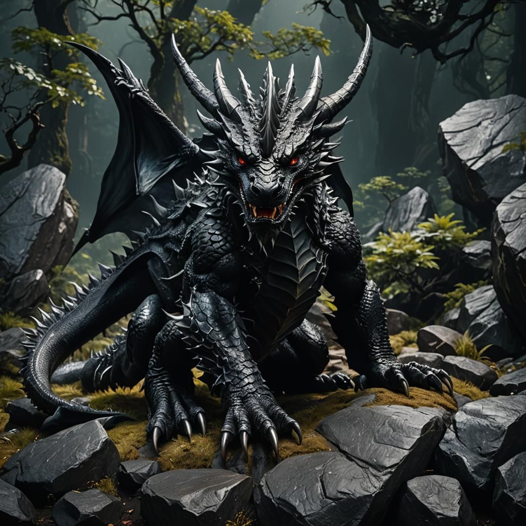 Shiny Black Stone Dragon in Ultra-Realistic Style