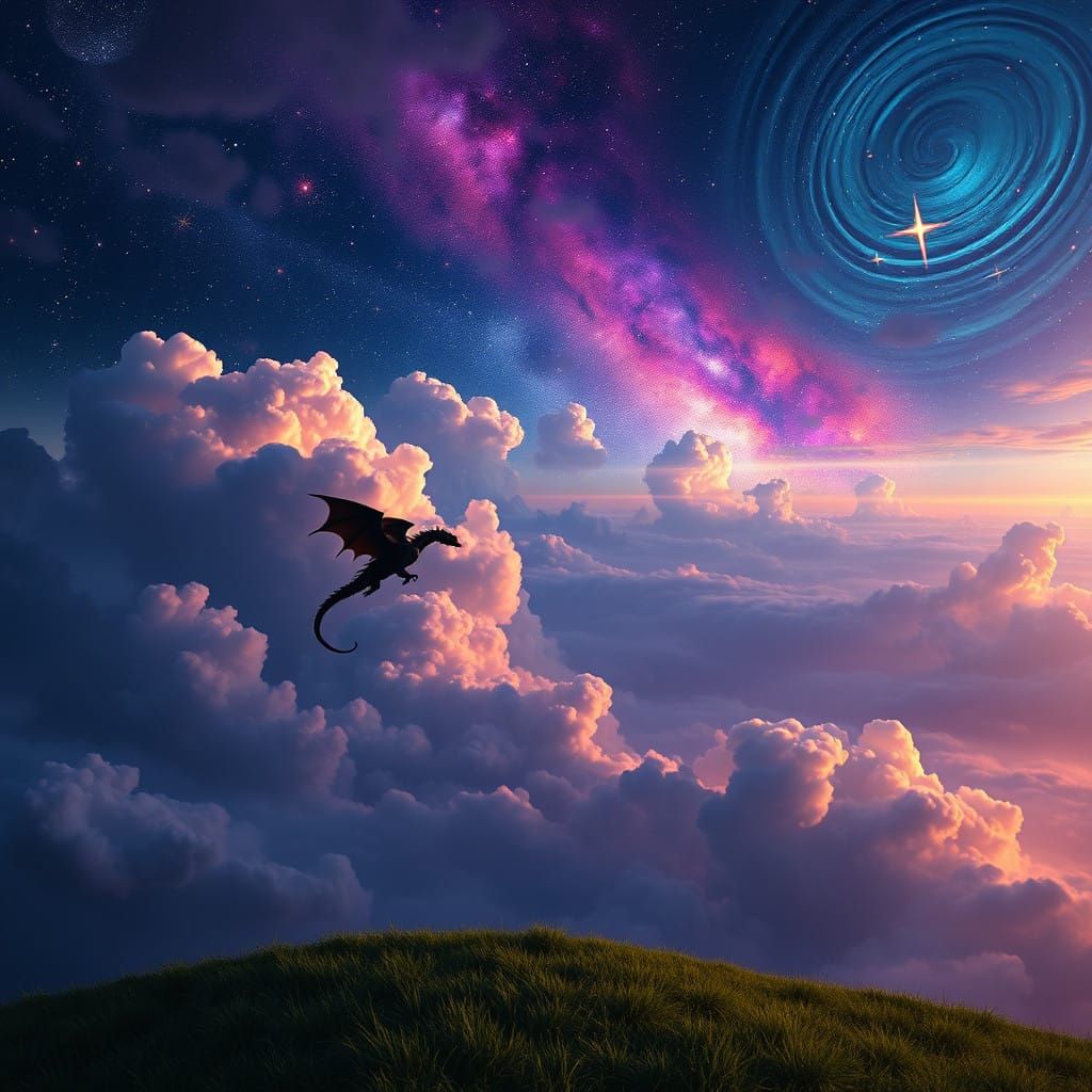 Surreal Celestial Kingdom with Majestic Dragon