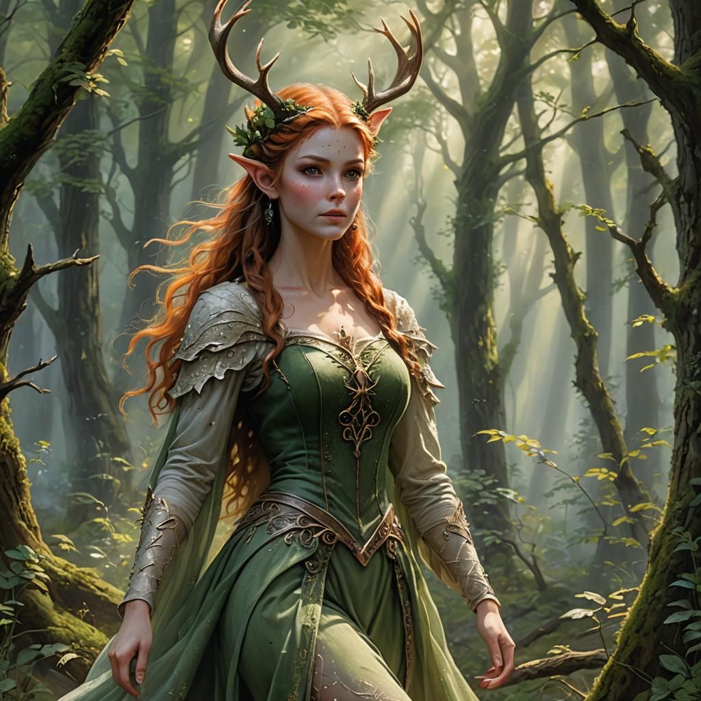 Ethereal Wood Elf with Deer Antlers in Forest