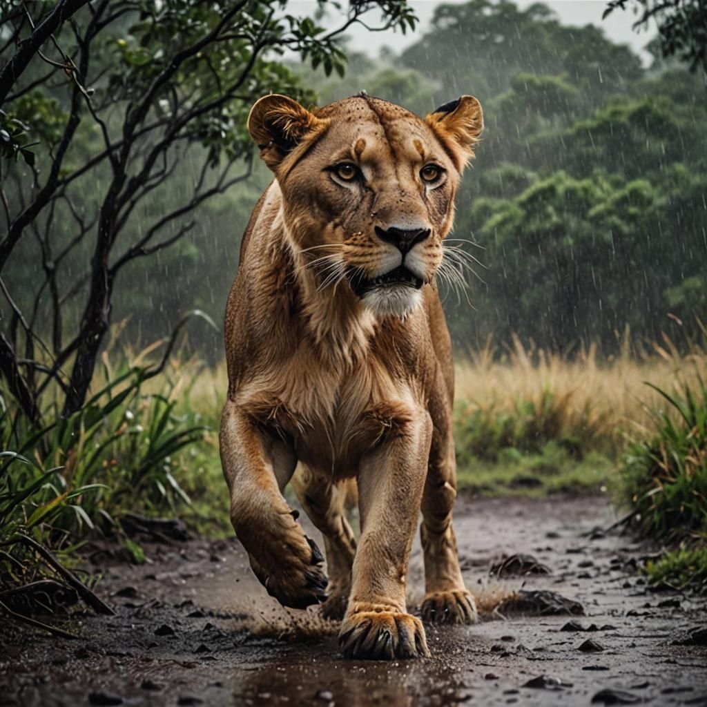 Lioness Hunting in Rain: Cinematic Film Still