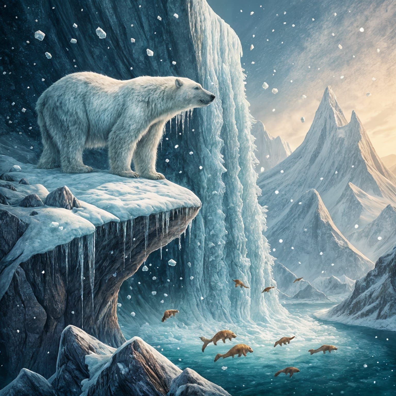 Polar Bear's Icy Waterfall Kingdom: Digital Matte Painting