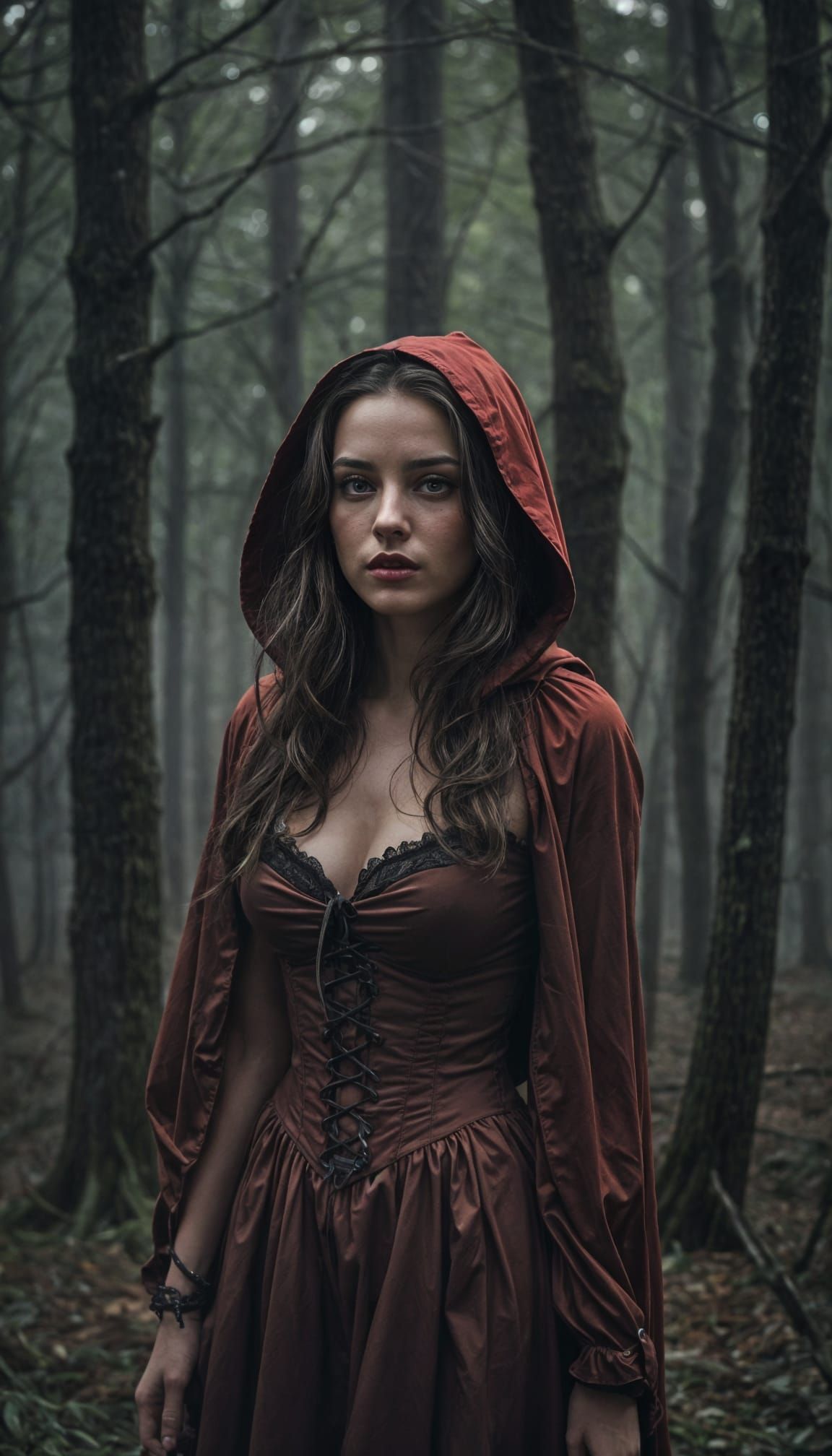 Woman in Red Dress in Dark Forest