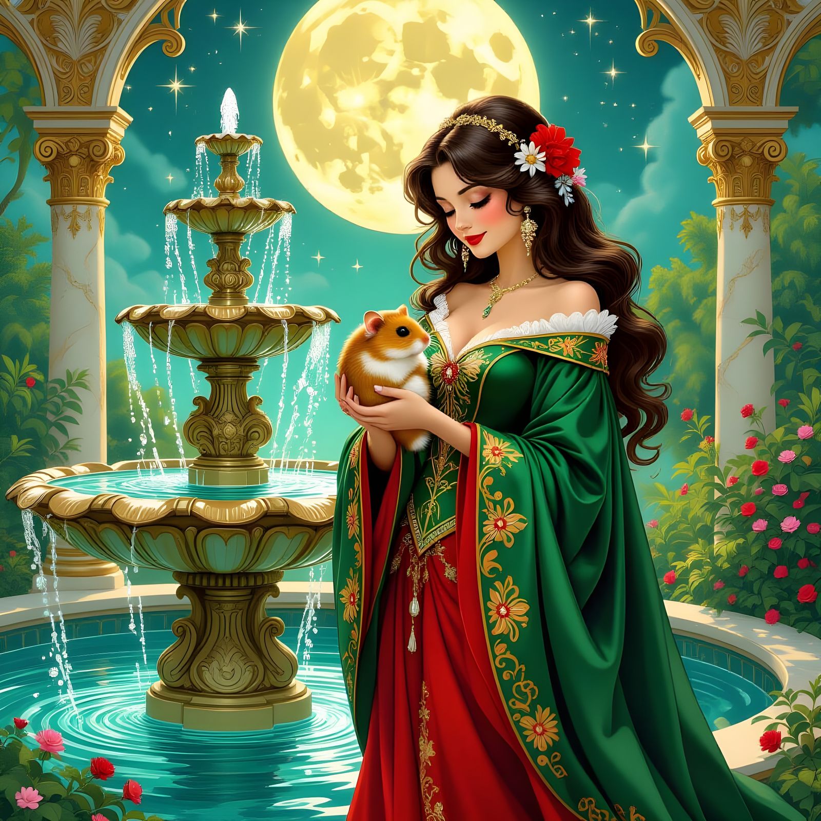 Lady Luck and Hamster at Rococo Fountain