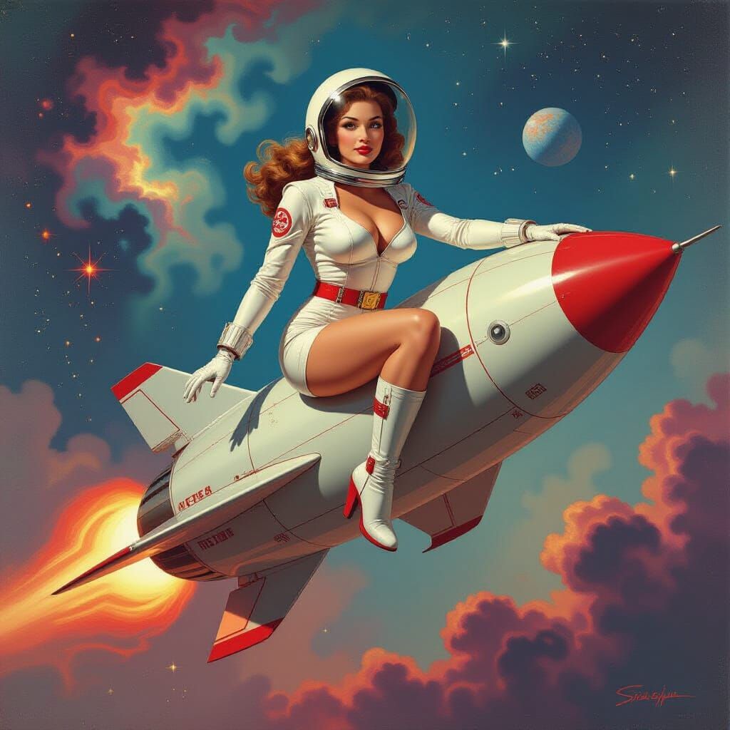 Retro Pinup Astronaut on Rocketship in Nebula