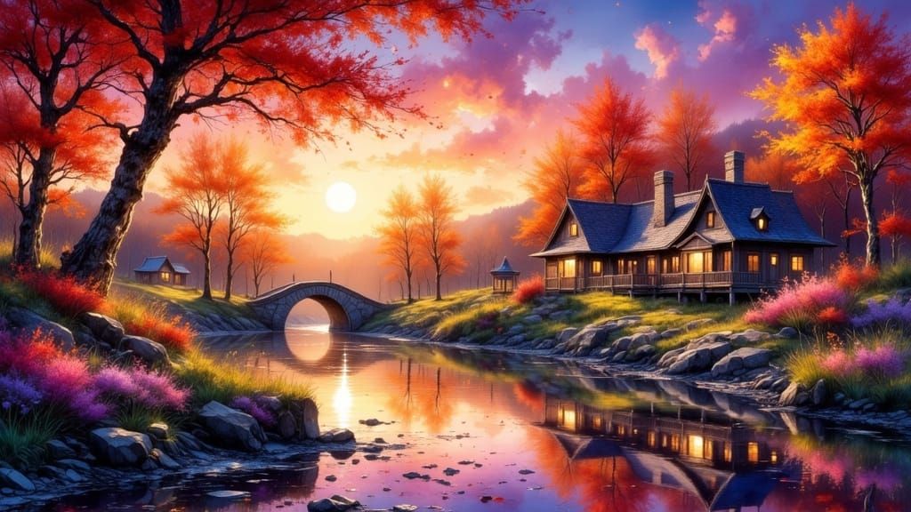 Enchanting Autumn Cottage Landscape as Impasto Painting