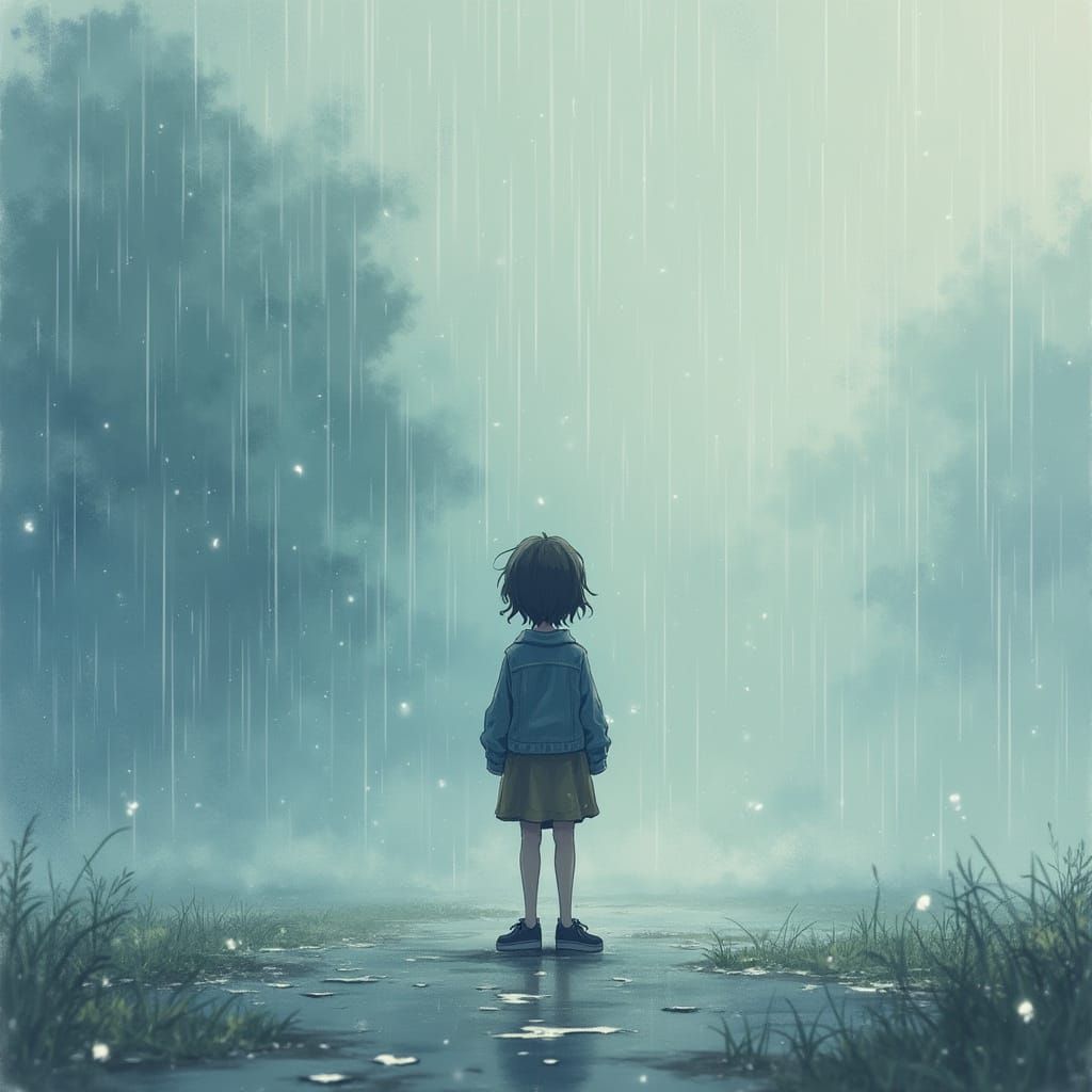 Melancholic Figure in Rainy Day Reflection