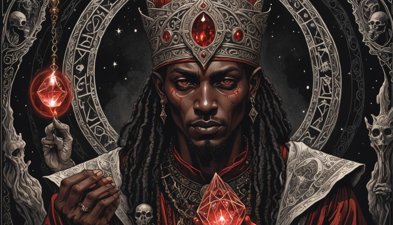 Eldritch Nubian Sorcerer with Tarot Cards in Ink