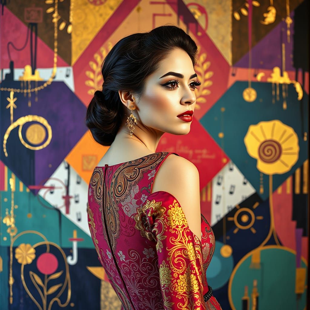 Elegant Woman in Geometric Backdrop, Mimeograph Style