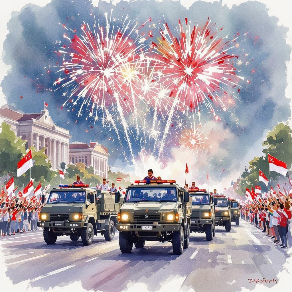 Singapore National Day Parade in Watercolour Style